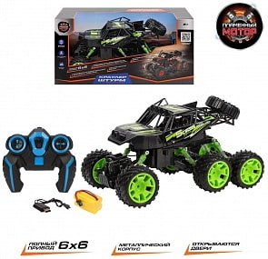 Краулер черно-зеленый на радиоуправлении Штурм, аккумулятор, 6WD, 6 колес, металлический корпус, открываются двери (Пламенный мотор, 870430)