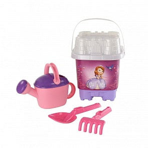 Набор Disney - София Прекрасная №6: ведро-замок большое с наклейкой, ситечко-замок большое, лопатка №32, грабельки №32, лейка №8 (Полесье, 66190)