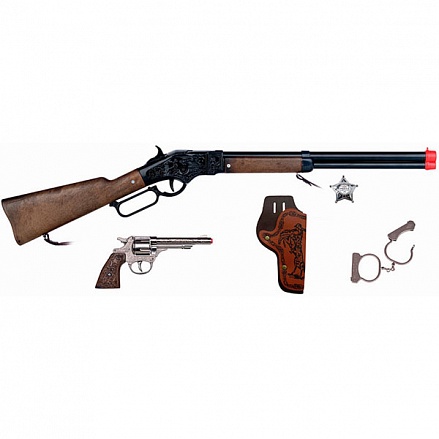 Ковбойский игровой набор с винтовкой и револьвером в кобуре на 8 зарядных пистонах, наручниками и звездой шерифа 