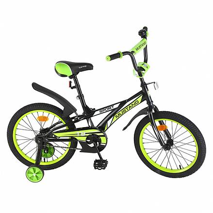 Велосипед детский – Mustang Sport, черно-зеленый со страховочными колесами 