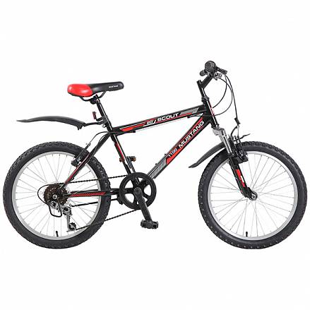 Велосипед подростковый Mustang Scout 1100 черно/красный с колесами 20", рама Хардтейл 14 дюймов, 6 скоростей, переключатель MR22/ML-G56, ручной тормоз 