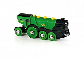 Локомотив зеленый на батарейках, движение вперед-назад, свет, звук, свободное движение, 14 х 4 х 5 см. (Brio, 33593)