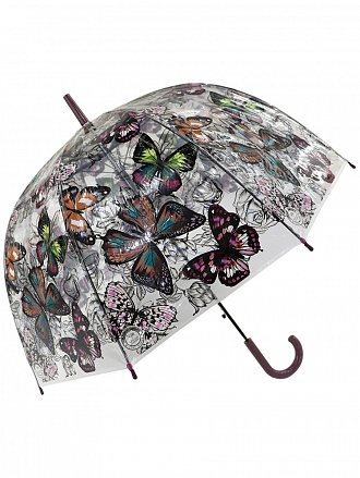 Зонт-трость – Бабочки, прозрачный купол, коричневый 
