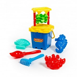 Набор №283: песочная мельница №2 с основанием, ситечко-крепость большое №2, ведро-крепость большое, лопатка №5, грабельки №5, 3 формочки (Полесье, 35455)