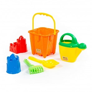 Набор №553: ведро-замок большое №2, лопатка №5, грабельки №5, формочки замок башня + замок квадратный, лейка №10 (Полесье, 57228)