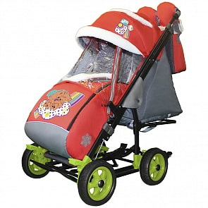 Санки-коляска Snow Galaxy City-3-1 - Два медведя на облаке на красном на больших колесах, сумка, варежки коричневые (RT, 7697)