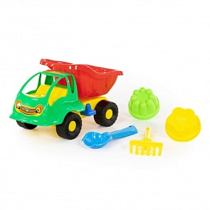 Набор №58: Муравей автомобиль-самосвал + совок №2, грабельки №2, 2 формочки (Полесье, 3317) (ассортимент)