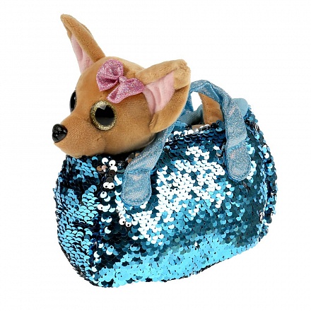 Мягкая игрушка Собака в голубой сумочке из пайеток, 15 см 