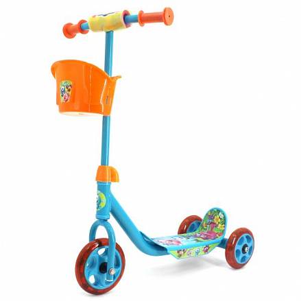 Трехколесный самокат с корзиной – Смешарики, колеса 14,5 и 12 см, оранжево-голубой 