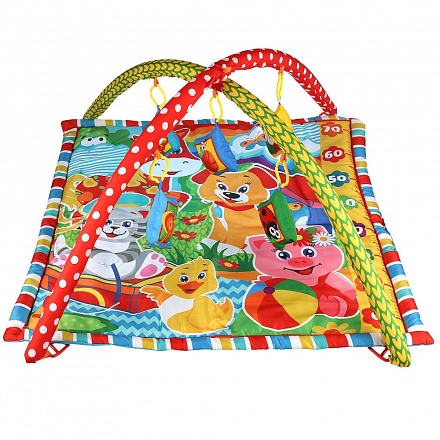 Детский игровой коврик с мягкими игрушками-пищалками на подвеске 