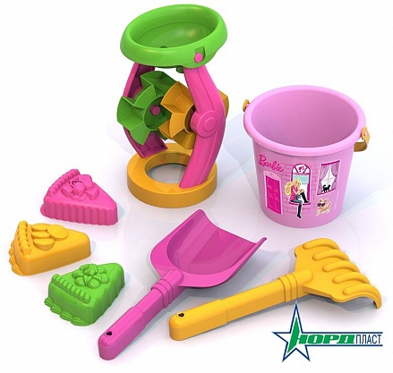 Набор для песка Barbie №6 - мельница, ведро, лопата, грабли, 3 формы  