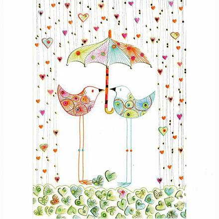 Открытка – Две птички под зонтиком 