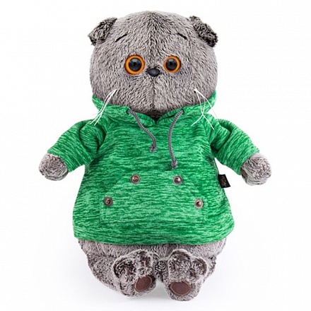 Мягкая игрушка – Басик в зеленой толстовке с карманом-кенгуру 