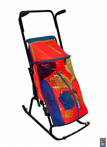 Санки-коляска Снегурочка 4-Р - Медвежонок с 4 колесиками, синий-красный (RT, 3586RT)