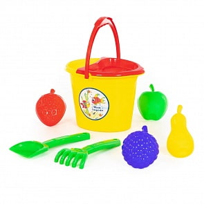 Набор №387: ведро №4 с носиком, сито №4, лопатка №31, грабельки №31, формочки Фрукты 4 шт (Полесье, 36438)