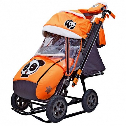Санки-коляска Snow Galaxy City-2-1 - Панда на оранжевом, на больших колесах Eva, сумка, варежки 