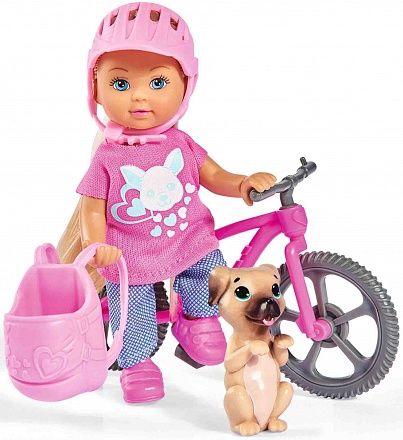Кукла Еви на велопрогулке с собачкой, 12 см 