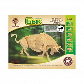 Сборная деревянная модель – Животные – Бык , 4 пластины (Wooden Toys, M002)