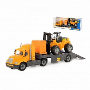 Автомобиль-трейлер Майк, автокар и конструктор Супер-Микс, 30 элементов на поддоне, в коробке (Полесье, 55699)