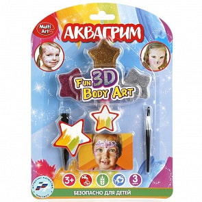 Аквагрим & Тату: блестки 3 цвета, 2 кисточки, 2 трафарета для тату (Multiart, 36104-GLsim)