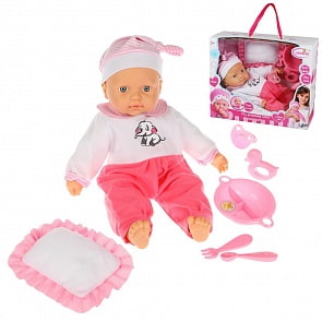 Пупс мягконабивной в розовом костюме, 40 см, 6 аксессуаров (Наша Игрушка, HX390-4)