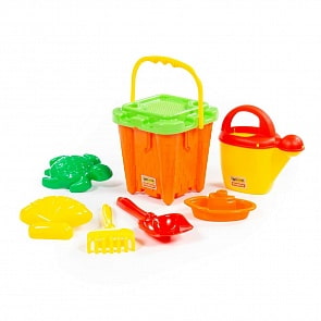 Набор №556: ведро-замок большое №2, ситечко-крепость большое, лопатка №5, грабельки №5, 2 формочки, кораблик Юнга, лейка №10 (Полесье, 57259)