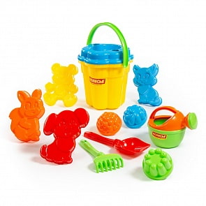 Набор №168 в рюкзаке: ведро-цветок большое, ситечко-цветок большое, лопатка №5, грабельки №5, 7 формочек, лейка малая №4 (Полесье, 5006)