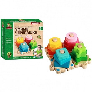 Игрушка деревянная Сортер-пазл Умные черепашки, 15,5 х 15,5 см. (Буратино, W0107)