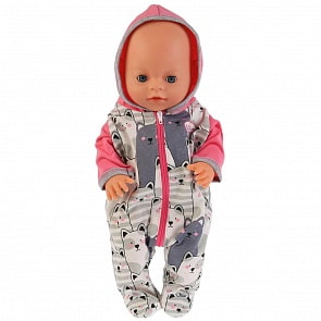 Одежда для кукол 40-42 см – Серый комбинезон с капюшоном Коты (Карапуз, OTF-1903С-RU)