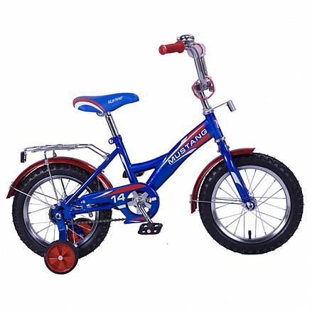 Велосипед детский Mustang с колесами 14", рама GW-тип, багажник, страховочные колеса, звонок, сине/красный 