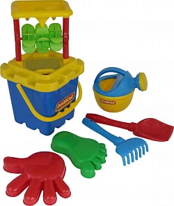 Набор №286: песочная мельница №2, ведро-крепость большое, лопатка №5, грабельки №5, формочки ладошка + ножка, лейка малая №4 (Полесье, 35486) (ассортимент)