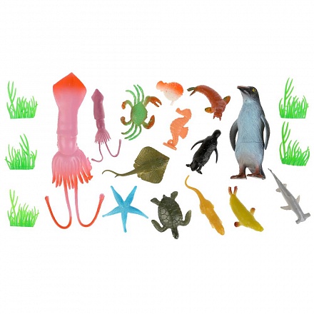 Игрушки пластизоль - Морские животные, 12 видов + 5 водорослей 