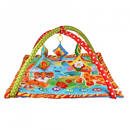 Детский игровой коврик-ростомер – Животные, с мягкими игрушками-пищалками на подвеске 