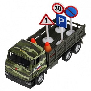 Машина KAMAZ 65207 12 см двери и багажник открываются с дорожными знаками инерционная металлическая (Технопарк, SB-16-89-B3+SIGNS-WB)