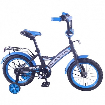 Велосипед детский двухколесный - Mustang, черно-голубой матовый, колеса 14 дюйм, рама GW-тип, багажник, страховочные колеса, звонок 