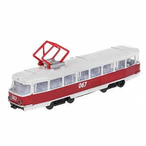 Трамвай металлический 18 см, инерционный, свет-звук, открываются двери (Технопарк, CT12-463-2-OR-WB)