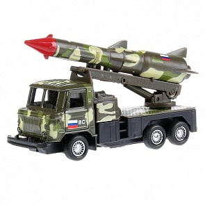 Машина металлическая Газ 66 с подвижной ракетой, цвет - зеленый камуфляж, инерционная 12 см, открываются двери (Технопарк, SB-16-78-2-WB)