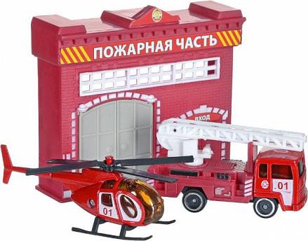 Набор - Пожарная станция с металлической машиной 7,5 см и вертолетом 