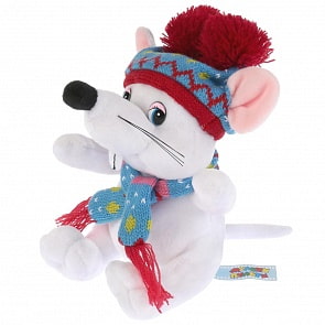 Игрушка мягкая с музыкальным чипом - Мышка белая в шапке с двумя помпонами, 15 см. (Мульти-пульти, 20291T)