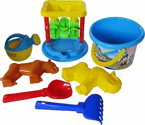 Набор №350: песочная мельница №2, ведро среднее с наклейкой, совок №2, грабельки №2, формочки тигр + мамонт, лейка малая №3 (Полесье, 35776)