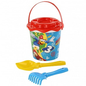 Набор Disney - Микки и Веселые гонки №11: ведро с наклейкой, ситечко Солнышко, лопатка №5, грабельки №5 (Полесье, 65667) (ассортимент)