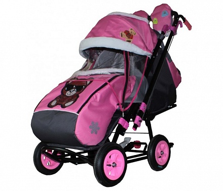 Санки-коляска Snow Galaxy City-2 - Мишка в красном в очках на розовом, на больших колесах Eva, сумка, варежки 