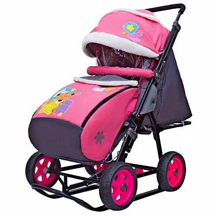 Санки-коляска Snow Galaxy - City-1 - Мишка со звездой, цвет розовый на больших колесах Ева, сумка, варежки 
