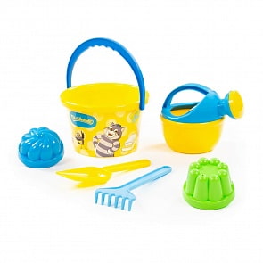 Набор для песка Простоквашино № 4: ведро среднее с наклейкой, лопатка, 2 формочки, грабельки, лейка (Полесье, 83302) (ассортимент)