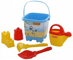 Набор №593: ведро-замок большое с наклейкой, лопата №6, грабли №6, 2 формочки, лейка №10 (Полесье, 62475)