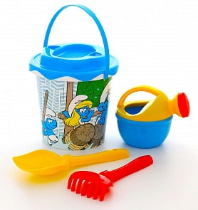 Набор №2 Смурфики: Затерянная деревня-3: ведро с наклейкой, ситечко Солнышко, лопатка №5, грабельки №5, лейка малая №4 (Полесье, 64967) (ассортимент)