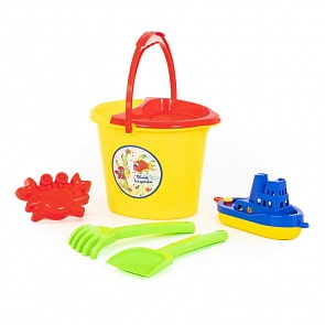 Набор №385: ведро №4 с носиком, сито №4, лопатка №31, грабельки №31, формочка краб №1, кораблик (Полесье, 36414)