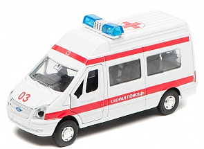 Машина металлическая инерционная - Ford Transit - Скорая помощь со светом и звуком (Технопарк, SB-13-02-1sim)