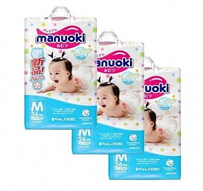 Подгузники-трусики размер М, 6-11 кг, 3 пачки по 56 шт (Manuoki, JPM001-3)