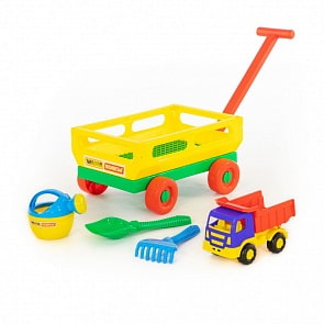 Набор №494: Тележка с ручкой №2 + Салют, автомобиль-самосвал + Лопата №6, грабли №6, лейка малая №4 (Полесье, 45829)
